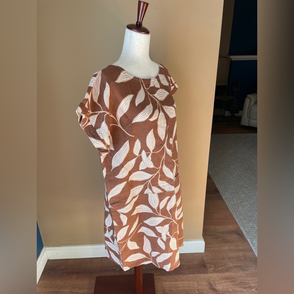 Garnet Hill Womens 100% Linen Shift Dress Brown Size XL Pocket Boho Printed - Picture 2 of 10